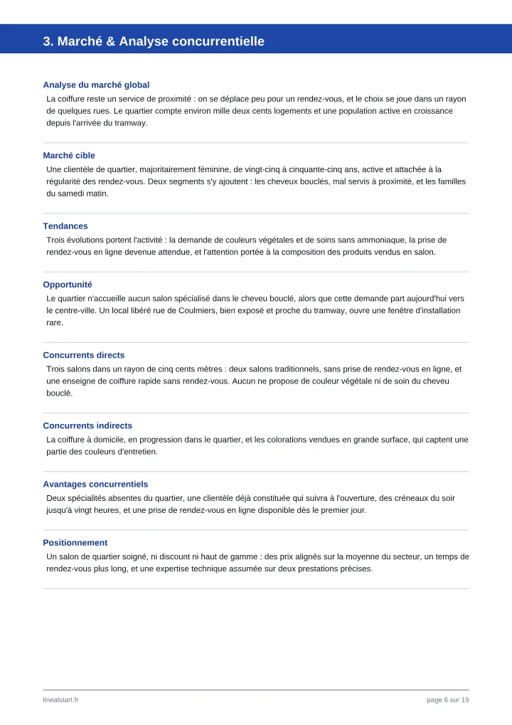 Marché et concurrence — Business plan, sur un projet d'exemple