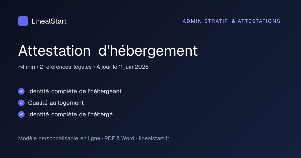 Infographie : Attestation d'hébergement — points clés, durée de personnalisation et nombre de références juridiques