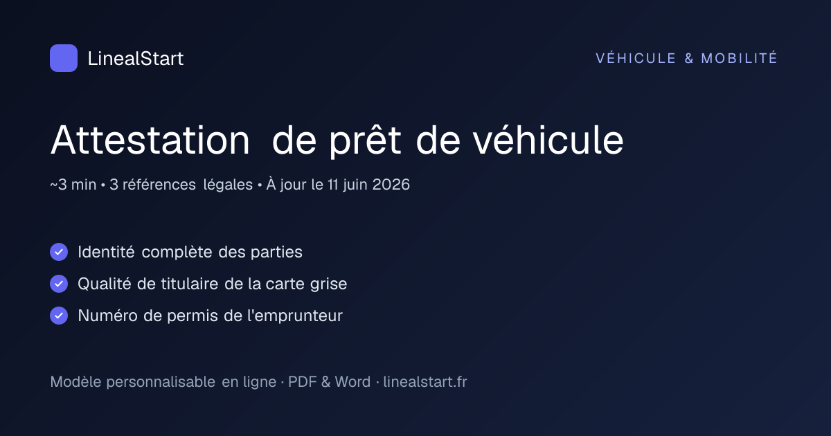 Infographie : Attestation de prêt de véhicule — points clés, durée de personnalisation et nombre de références juridiques