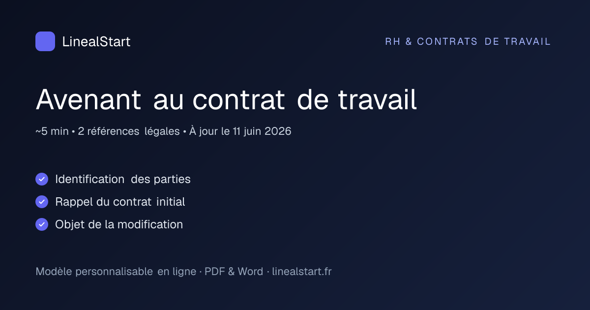 Infographie : Avenant au contrat de travail — points clés, durée de personnalisation et nombre de références juridiques