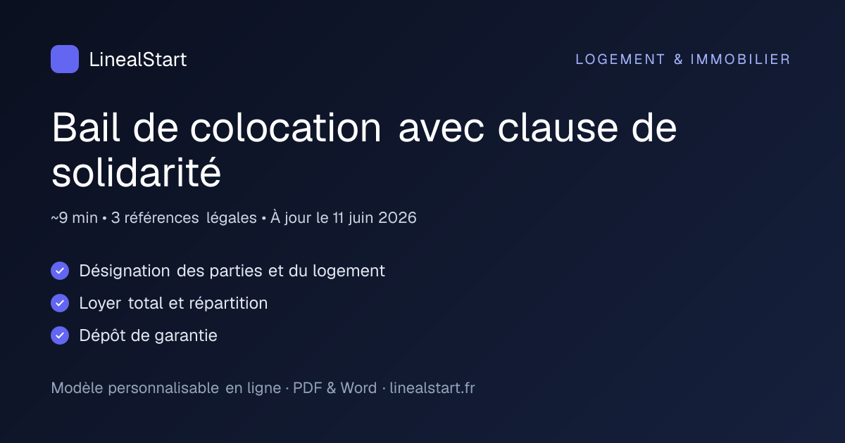 Infographie : Bail de colocation avec clause de solidarité — points clés, durée de personnalisation et nombre de références juridiques