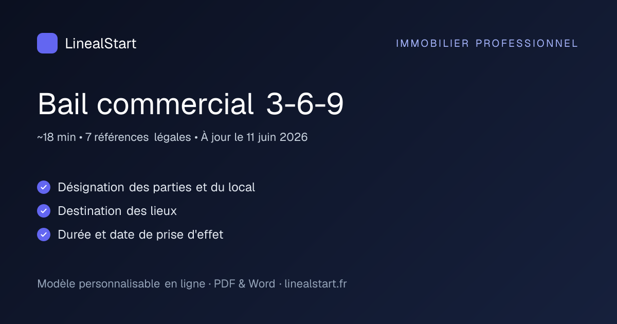 Infographie : Bail commercial 3-6-9 — points clés, durée de personnalisation et nombre de références juridiques