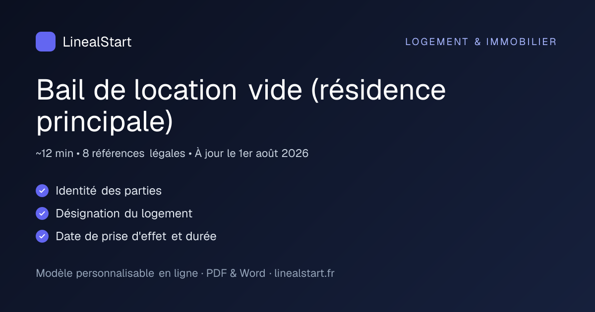 Infographie : Bail de location vide (résidence principale) — points clés, durée de personnalisation et nombre de références juridiques