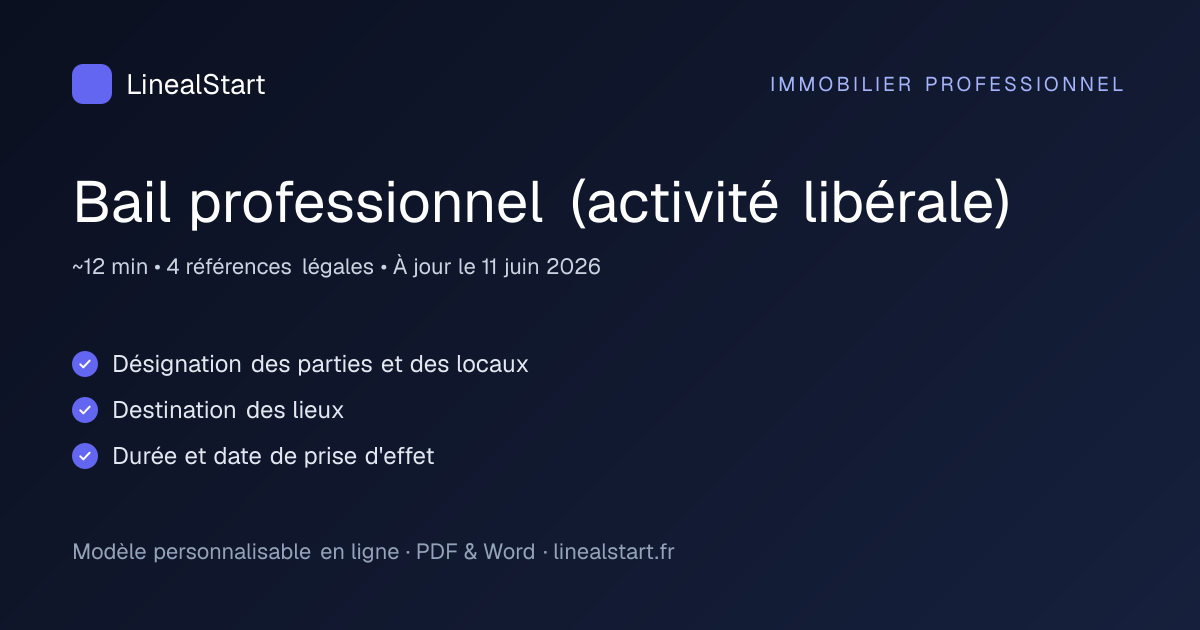 Infographie : Bail professionnel (activité libérale) — points clés, durée de personnalisation et nombre de références juridiques