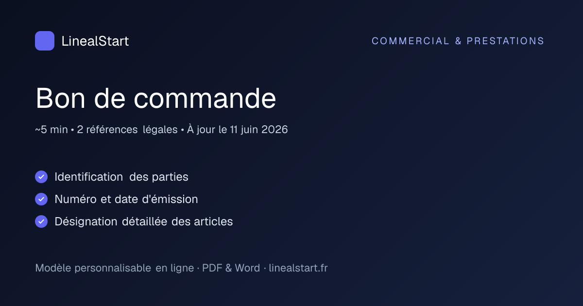 Infographie : Bon de commande — points clés, durée de personnalisation et nombre de références juridiques