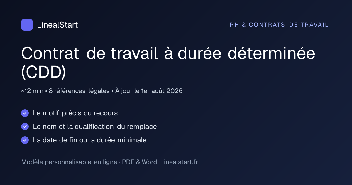 Infographie : Contrat de travail à durée déterminée (CDD) — points clés, durée de personnalisation et nombre de références juridiques