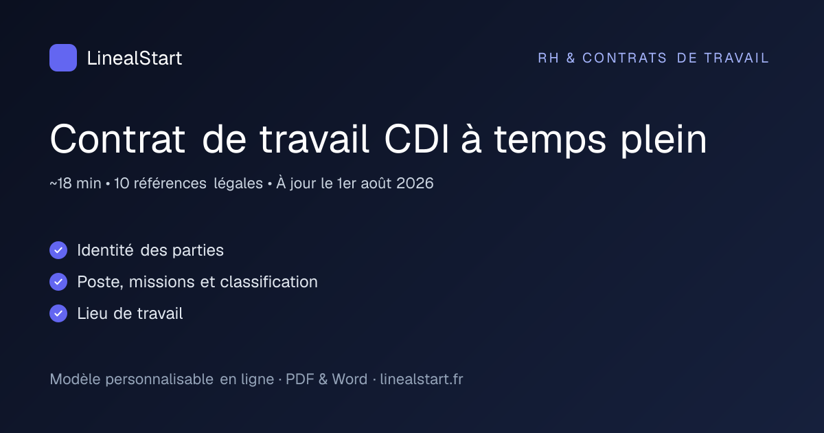Infographie : Contrat de travail CDI à temps plein — points clés, durée de personnalisation et nombre de références juridiques