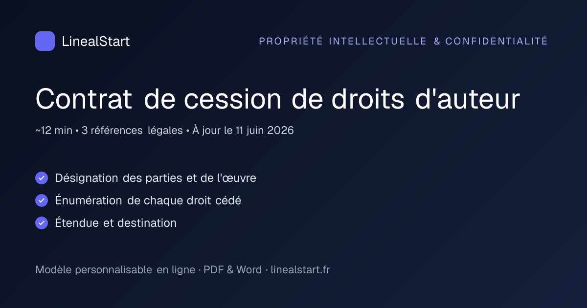Infographie : Contrat de cession de droits d'auteur — points clés, durée de personnalisation et nombre de références juridiques