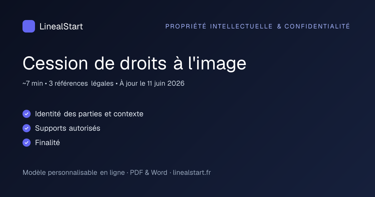 Infographie : Cession de droits à l'image — points clés, durée de personnalisation et nombre de références juridiques