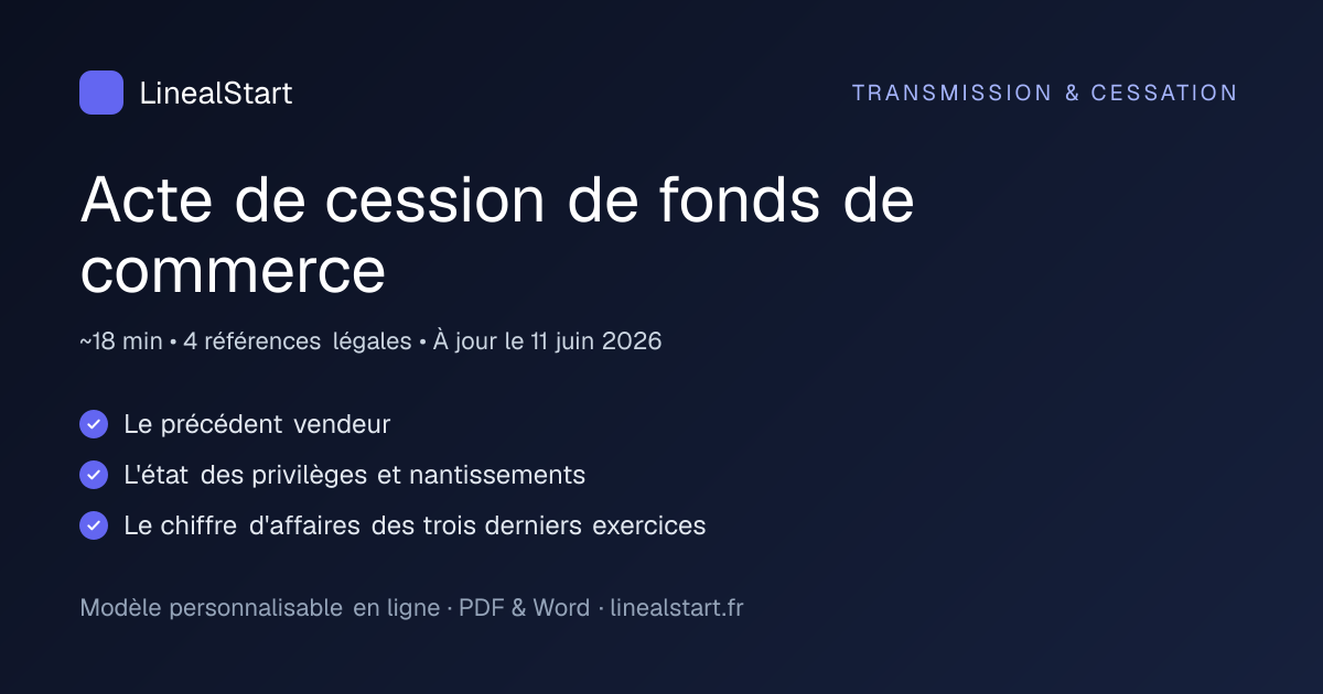 Infographie : Acte de cession de fonds de commerce — points clés, durée de personnalisation et nombre de références juridiques
