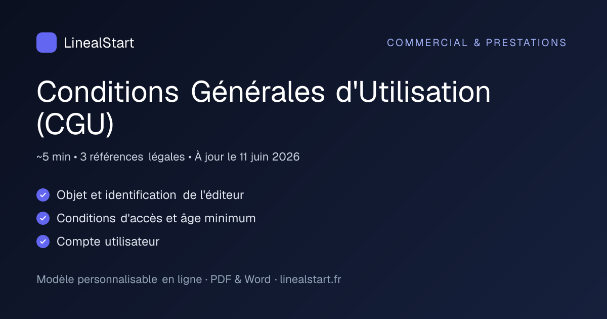 Infographie : Conditions Générales d'Utilisation (CGU) — points clés, durée de personnalisation et nombre de références juridiques