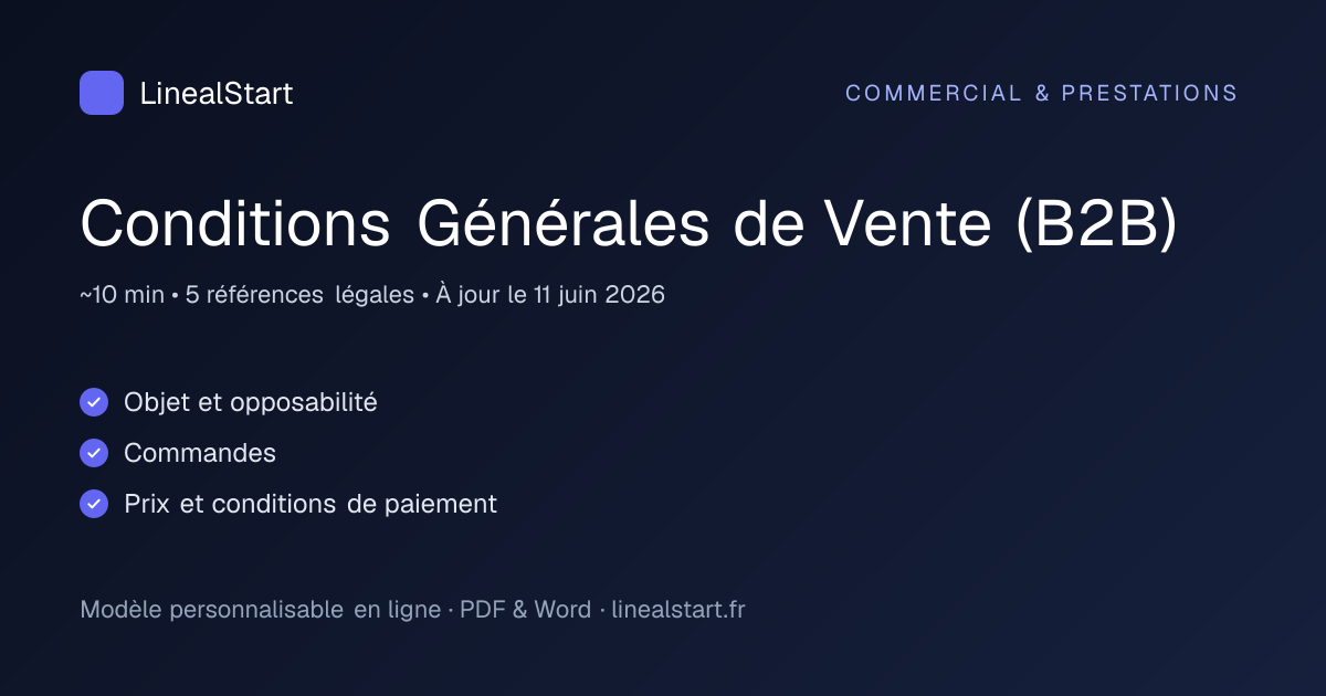 Infographie : Conditions Générales de Vente (B2B) — points clés, durée de personnalisation et nombre de références juridiques