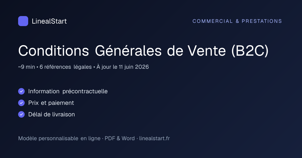Infographie : Conditions Générales de Vente (B2C) — points clés, durée de personnalisation et nombre de références juridiques