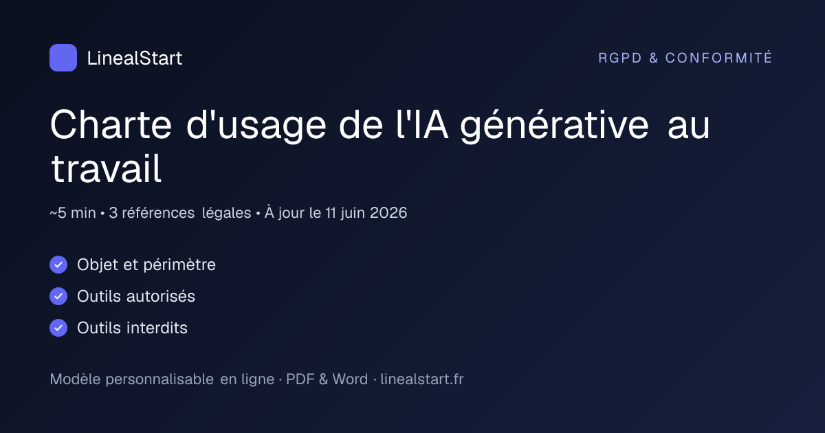 Infographie : Charte d'usage de l'IA générative au travail — points clés, durée de personnalisation et nombre de références juridiques