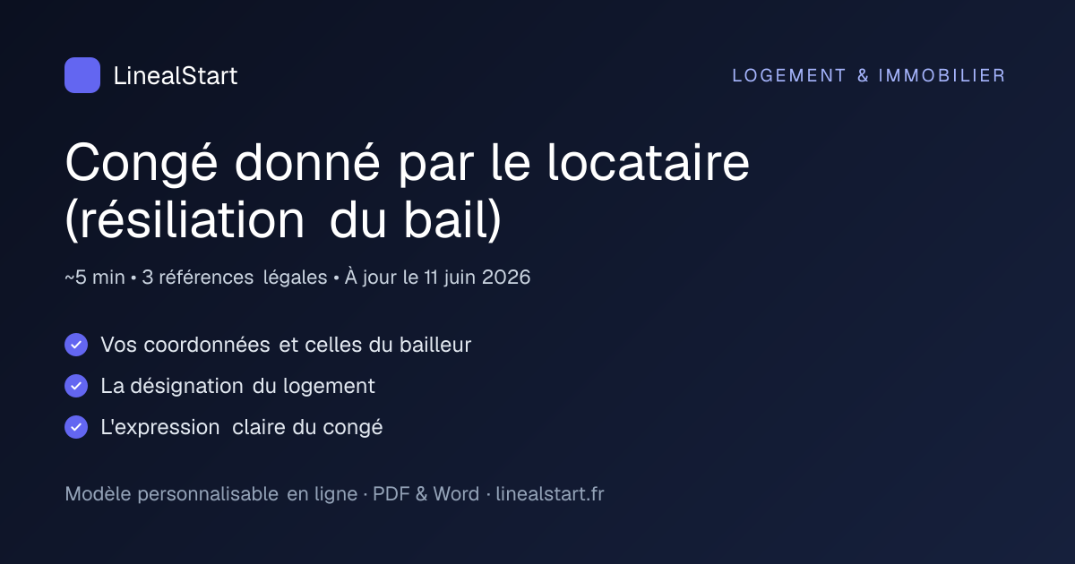 Infographie : Congé donné par le locataire (résiliation du bail) — points clés, durée de personnalisation et nombre de références juridiques