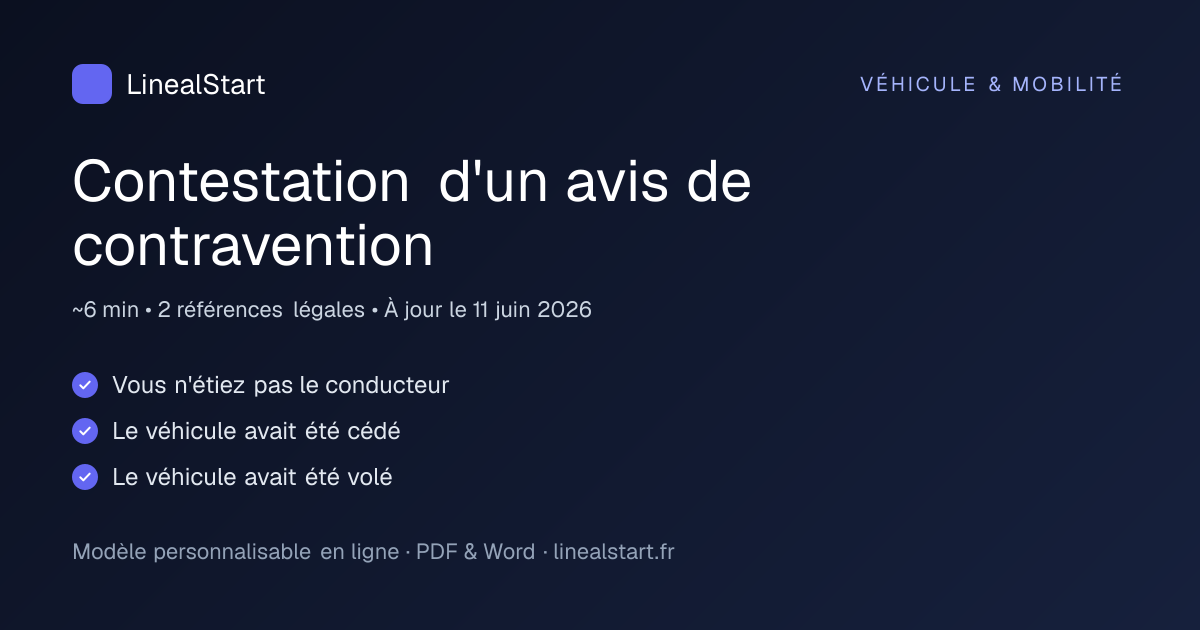 Infographie : Contestation d'un avis de contravention — points clés, durée de personnalisation et nombre de références juridiques