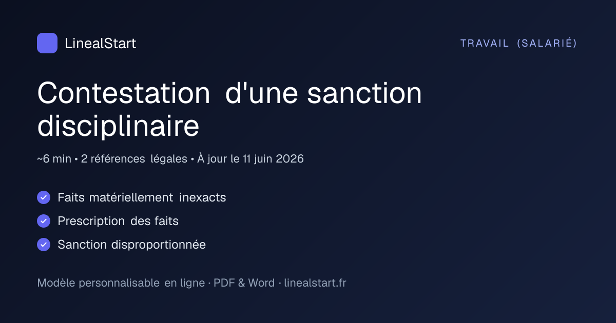 Infographie : Contestation d'une sanction disciplinaire — points clés, durée de personnalisation et nombre de références juridiques