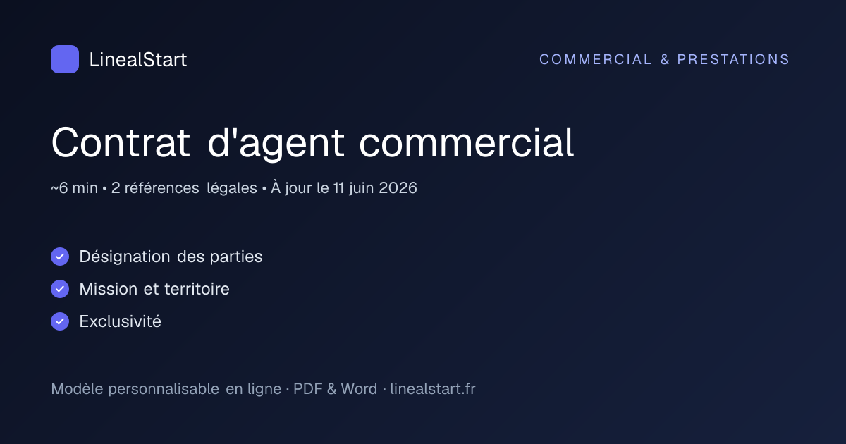 Infographie : Contrat d'agent commercial — points clés, durée de personnalisation et nombre de références juridiques
