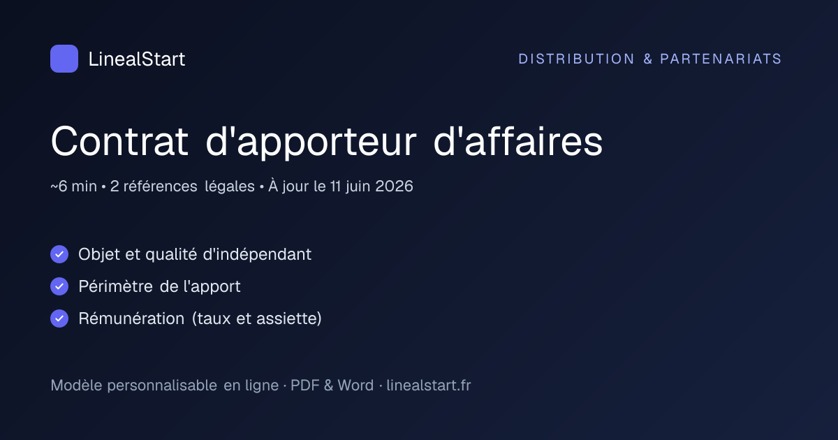 Infographie : Contrat d'apporteur d'affaires — points clés, durée de personnalisation et nombre de références juridiques