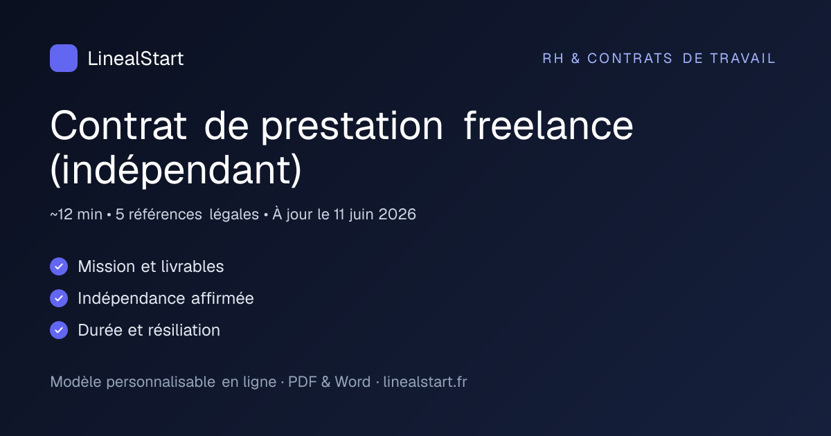 Infographie : Contrat de prestation freelance (indépendant) — points clés, durée de personnalisation et nombre de références juridiques