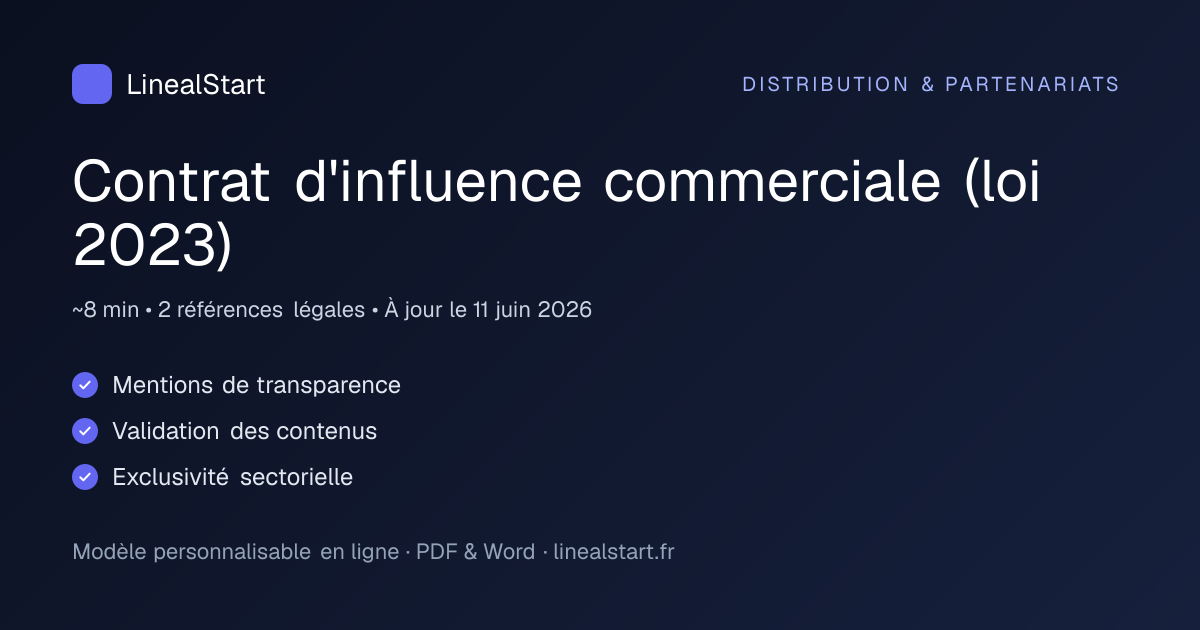 Infographie : Contrat d'influence commerciale (loi 2023) — points clés, durée de personnalisation et nombre de références juridiques