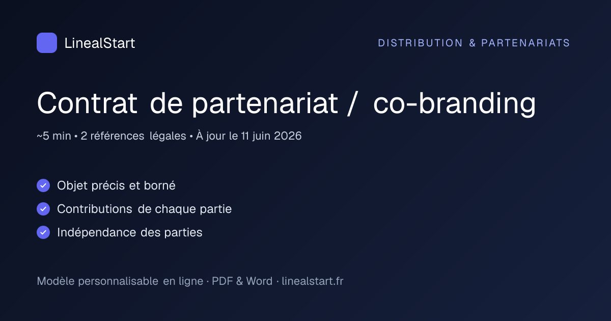 Infographie : Contrat de partenariat / co-branding — points clés, durée de personnalisation et nombre de références juridiques