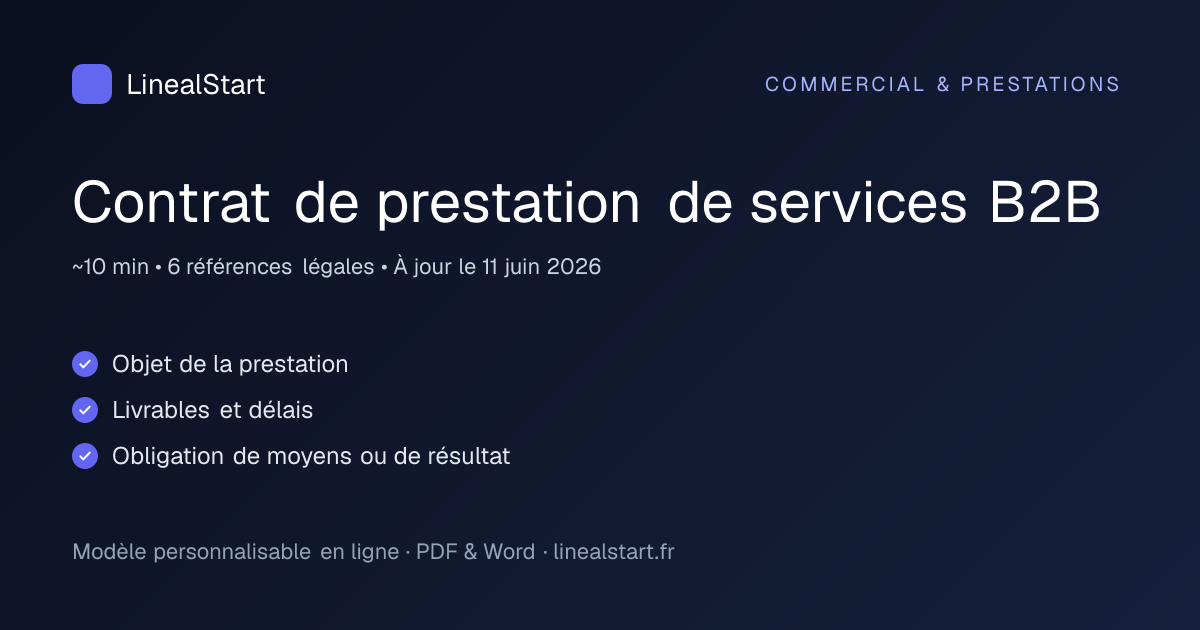 Infographie : Contrat de prestation de services B2B — points clés, durée de personnalisation et nombre de références juridiques