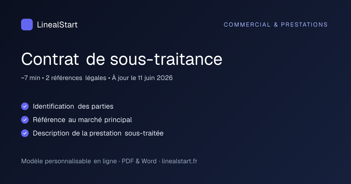 Infographie : Contrat de sous-traitance — points clés, durée de personnalisation et nombre de références juridiques