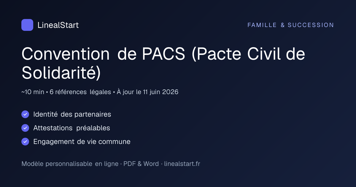 Infographie : Convention de PACS (Pacte Civil de Solidarité) — points clés, durée de personnalisation et nombre de références juridiques