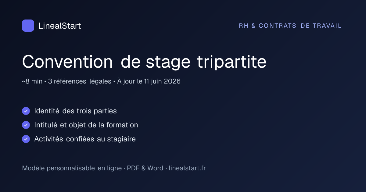 Infographie : Convention de stage tripartite — points clés, durée de personnalisation et nombre de références juridiques