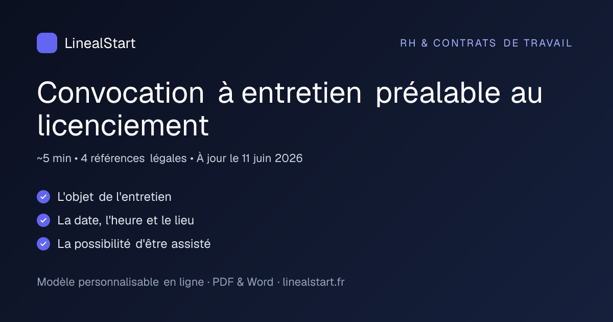 Infographie : Convocation à entretien préalable au licenciement — points clés, durée de personnalisation et nombre de références juridiques