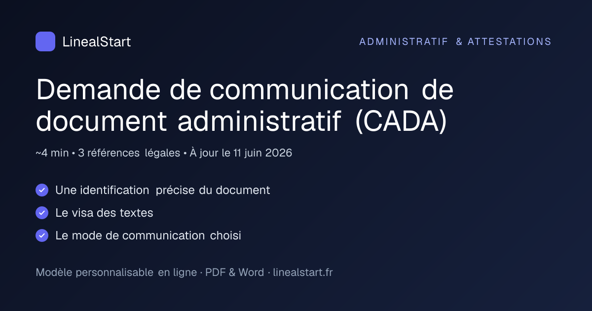 Infographie : Demande de communication de document administratif (CADA) — points clés, durée de personnalisation et nombre de références juridiques