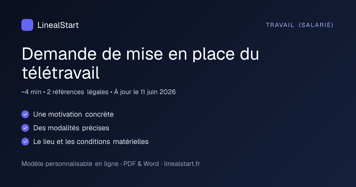 Infographie : Demande de mise en place du télétravail — points clés, durée de personnalisation et nombre de références juridiques