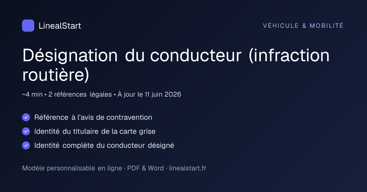 Infographie : Désignation du conducteur (infraction routière) — points clés, durée de personnalisation et nombre de références juridiques