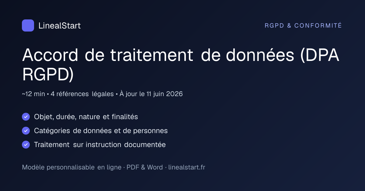 Infographie : Accord de traitement de données (DPA RGPD) — points clés, durée de personnalisation et nombre de références juridiques