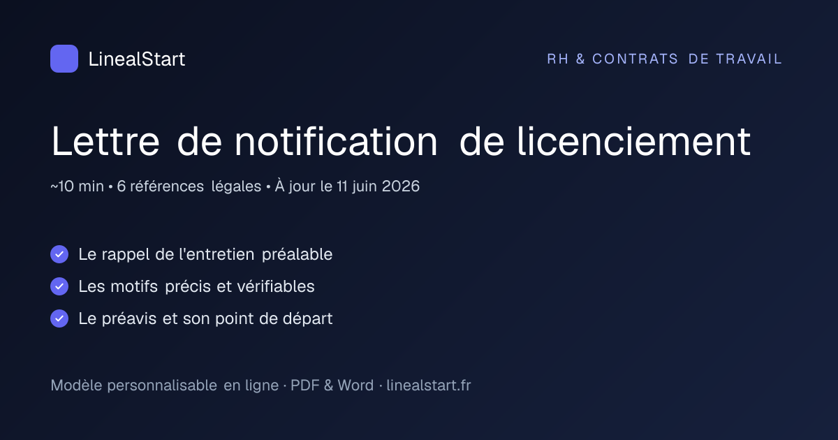 Infographie : Lettre de notification de licenciement — points clés, durée de personnalisation et nombre de références juridiques