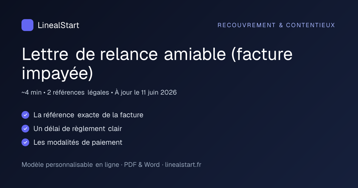Infographie : Lettre de relance amiable (facture impayée) — points clés, durée de personnalisation et nombre de références juridiques