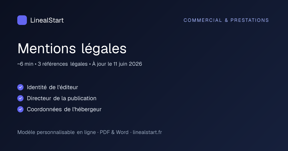 Infographie : Mentions légales — points clés, durée de personnalisation et nombre de références juridiques
