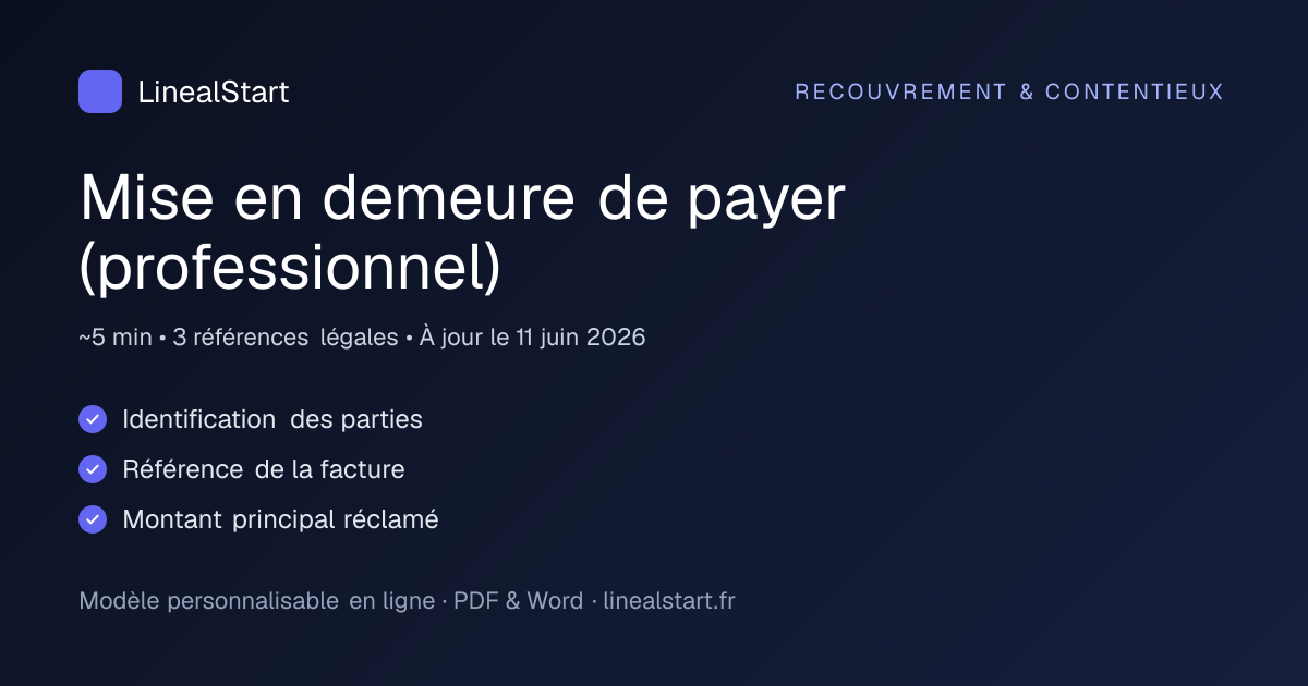 Infographie : Mise en demeure de payer (professionnel) — points clés, durée de personnalisation et nombre de références juridiques