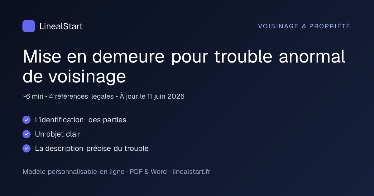 Infographie : Mise en demeure pour trouble anormal de voisinage — points clés, durée de personnalisation et nombre de références juridiques