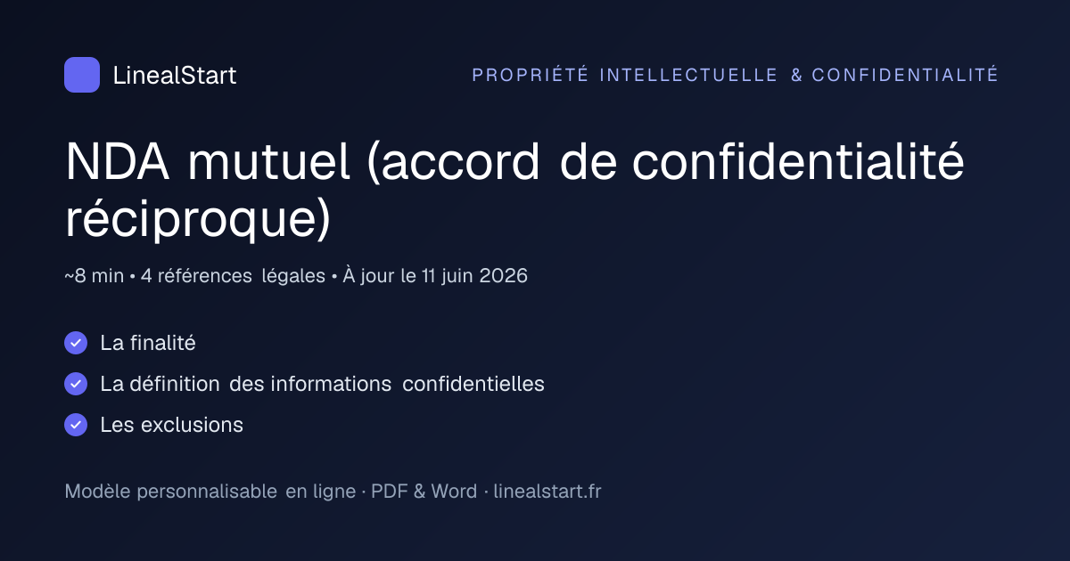 Infographie : NDA mutuel (accord de confidentialité réciproque) — points clés, durée de personnalisation et nombre de références juridiques