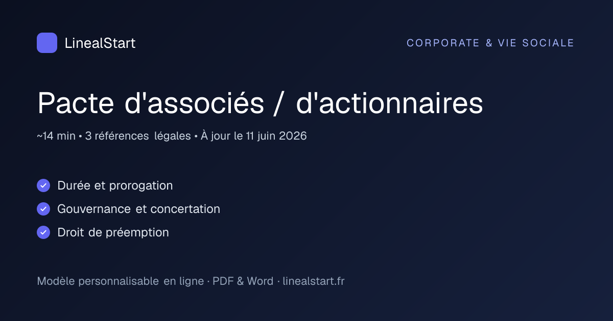 Infographie : Pacte d'associés / d'actionnaires — points clés, durée de personnalisation et nombre de références juridiques