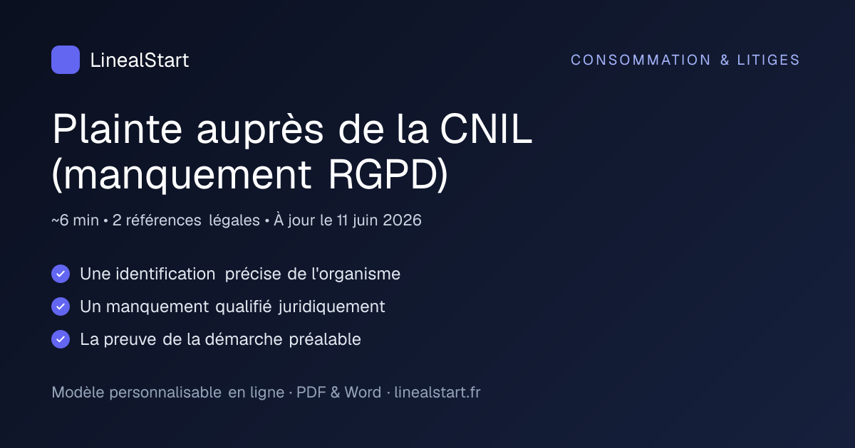 Infographie : Plainte auprès de la CNIL (manquement RGPD) — points clés, durée de personnalisation et nombre de références juridiques