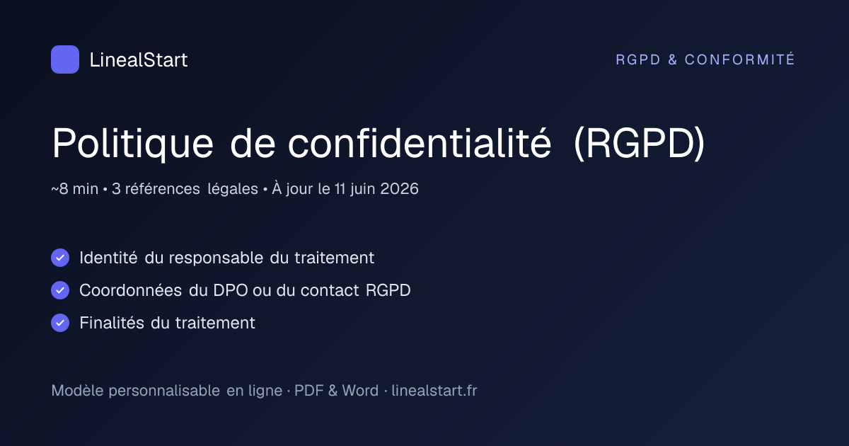 Infographie : Politique de confidentialité (RGPD) — points clés, durée de personnalisation et nombre de références juridiques