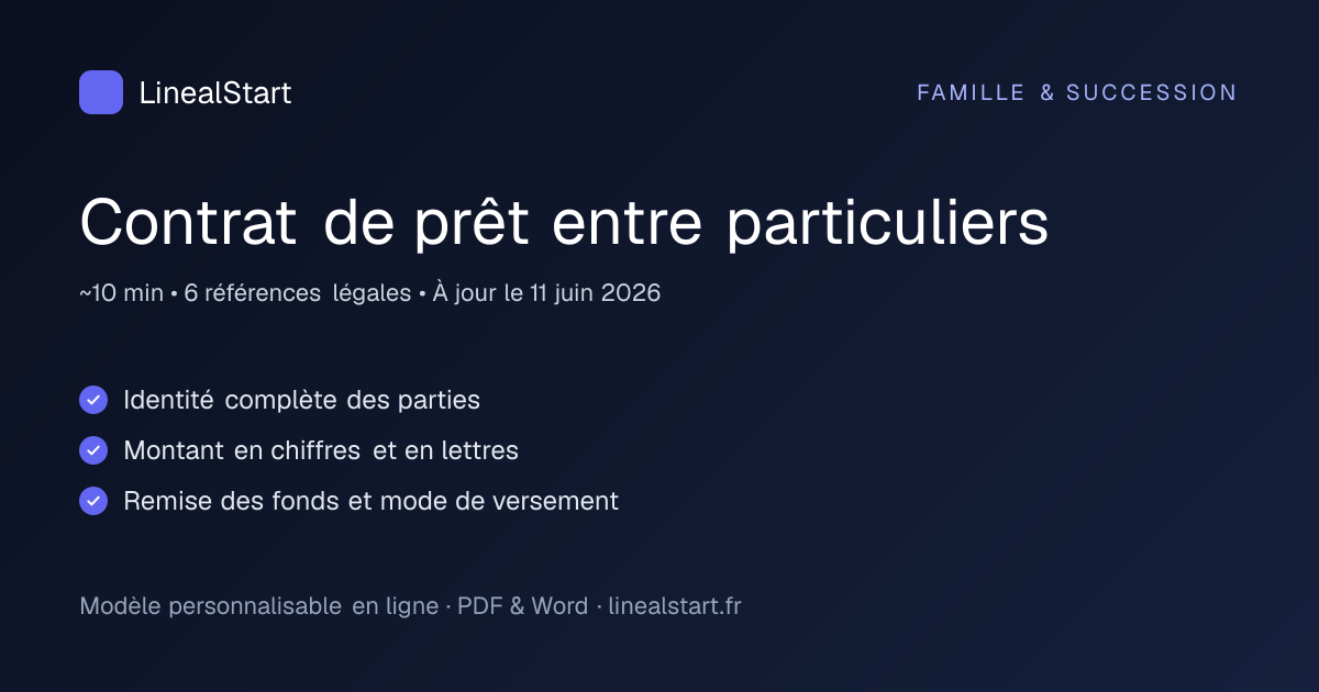 Infographie : Contrat de prêt entre particuliers — points clés, durée de personnalisation et nombre de références juridiques
