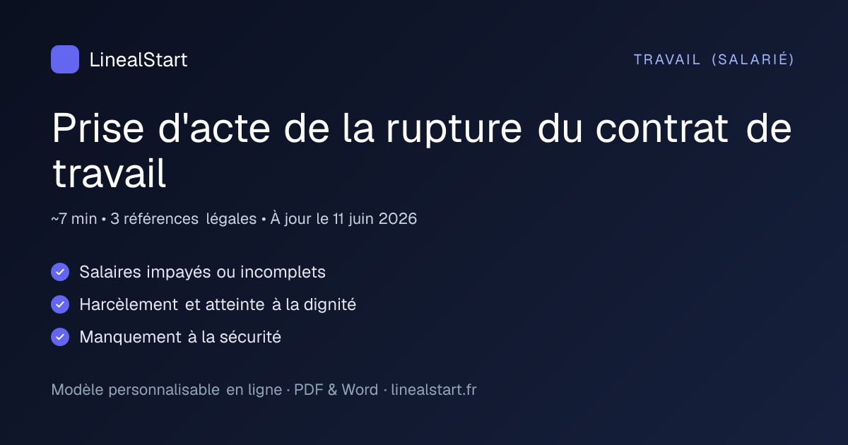 Infographie : Prise d'acte de la rupture du contrat de travail — points clés, durée de personnalisation et nombre de références juridiques