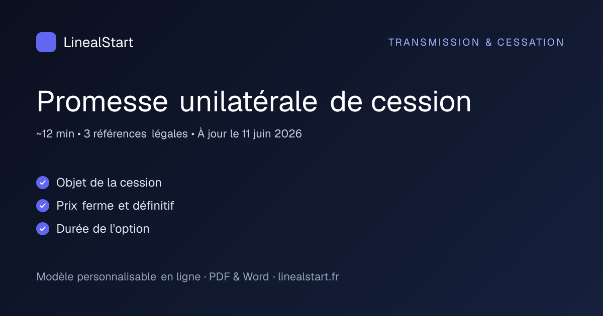 Infographie : Promesse unilatérale de cession — points clés, durée de personnalisation et nombre de références juridiques