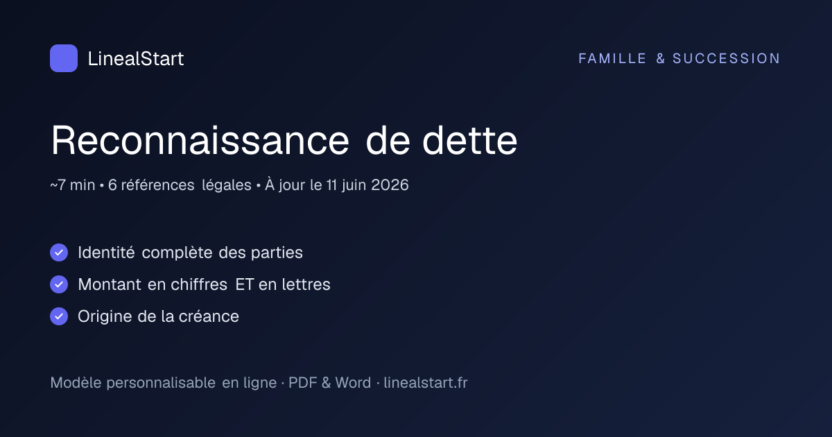 Infographie : Reconnaissance de dette — points clés, durée de personnalisation et nombre de références juridiques