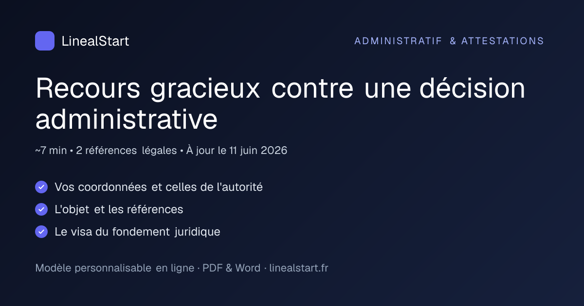 Infographie : Recours gracieux contre une décision administrative — points clés, durée de personnalisation et nombre de références juridiques