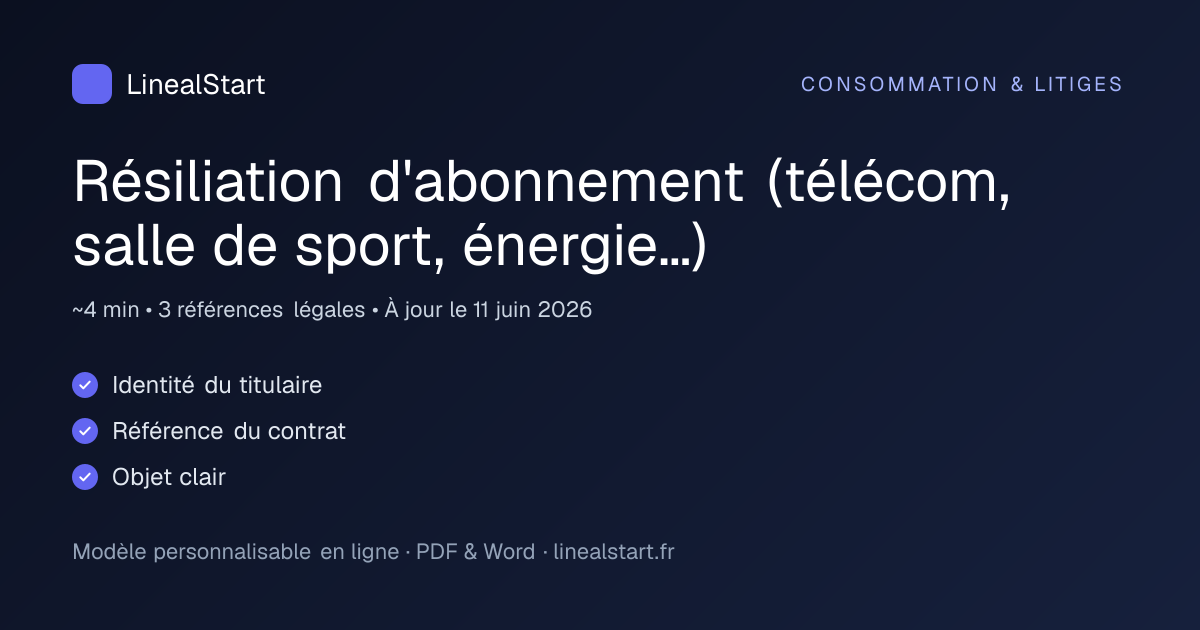 Infographie : Résiliation d'abonnement (télécom, salle de sport, énergie…) — points clés, durée de personnalisation et nombre de références juridiques